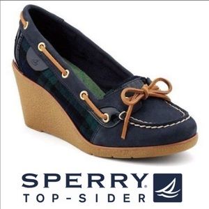 Sperry Goldfish Navy/Green Plaid Wedge Pump 6 1/2